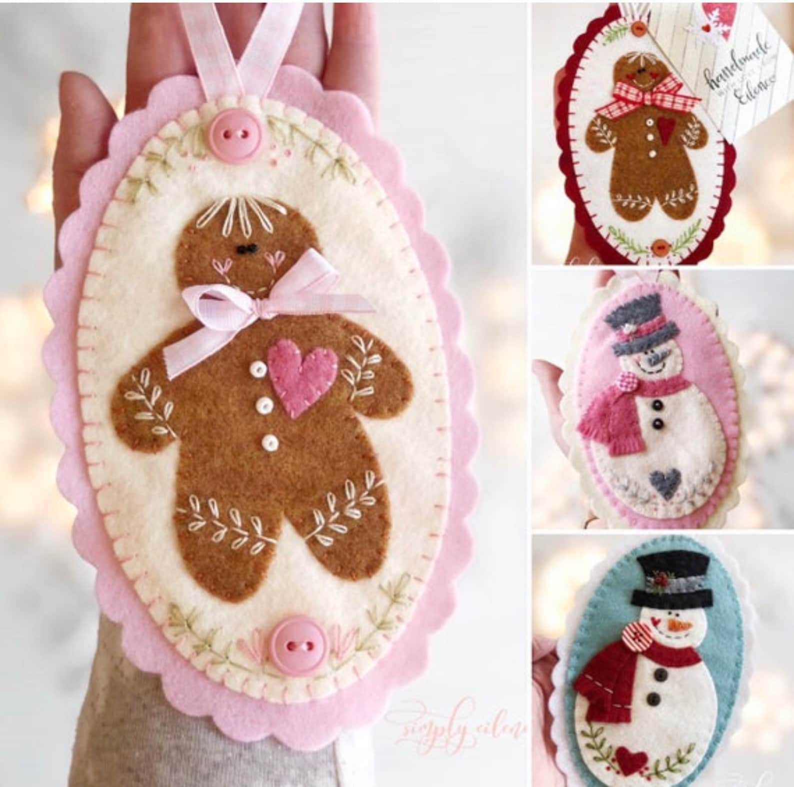 Christmas felt ornaments pattern snowman gingerbread